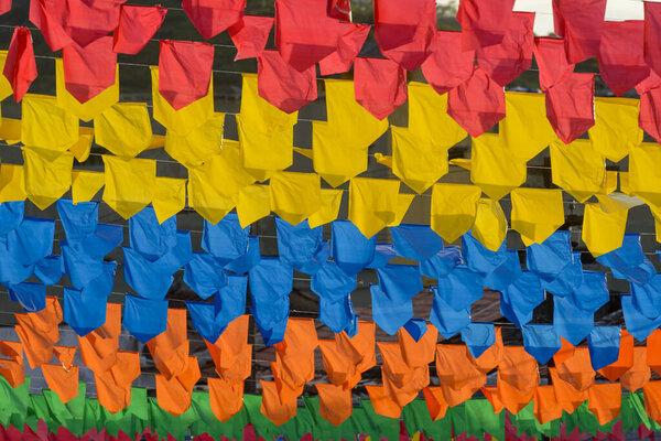 Saint John party colorful flags. Traditional festivities that take place in the month of June in the Northeast Region of Brazil. — Stock Image Saint John Party Colorful Flags Traditional Festivities Take Place Month Stock Image