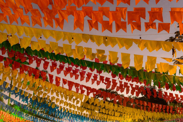 Saint John party colorful flags. Traditional festivities that take place in the month of June in the Northeast Region of Brazil. — Stock Image Saint John Party Colorful Flags Traditional Festivities Take Place Month Stock Photo