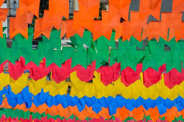 Saint John party colorful flags. Traditional festivities that take place in the month of June in the Northeast Region of Brazil. — Stock Image Saint John Party Colorful Flags Traditional Festivities Take Place Month Stock Photo