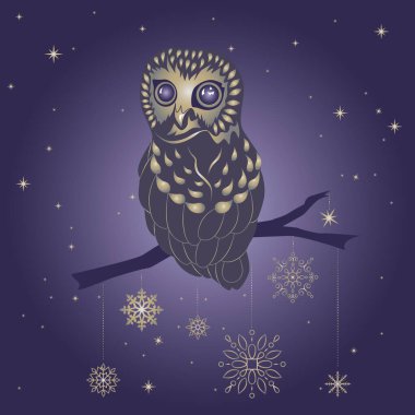 Gece büyüsü. Mor arka planda baykuş. karlı kış