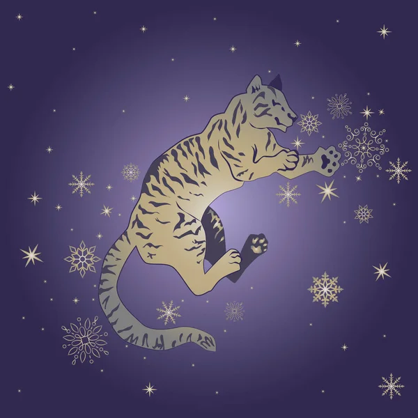 Tigre Sobre Fondo Púrpura Atrapa Nieve Que Cae Símbolo Del — Vector de stock