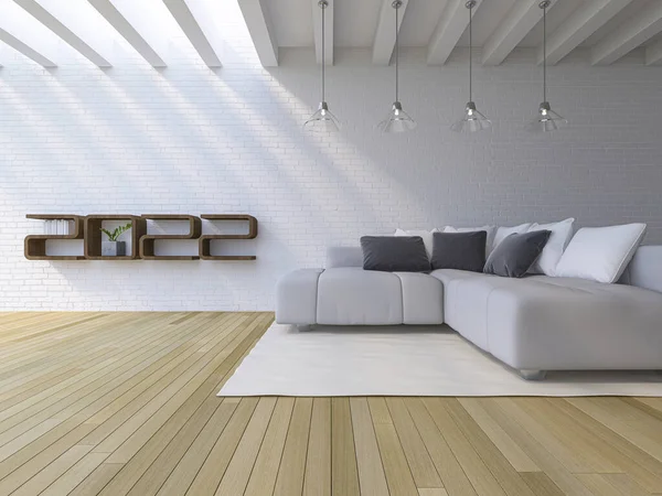 在白色砖墙上绘制2022年木制架子的3D图像 白色的沙发放在木制地板上 新年喜庆的背景 — 图库照片