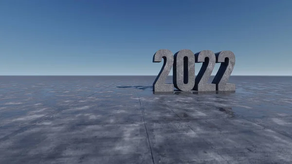 在开裂的混凝土地板 天空和背景模型上三维渲染2022年文本图像 — 图库照片