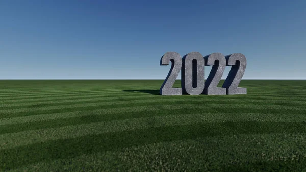 3Dレンダリングテキストの画像2022草の上に提出された床 空と背景モックアップ — ストック写真