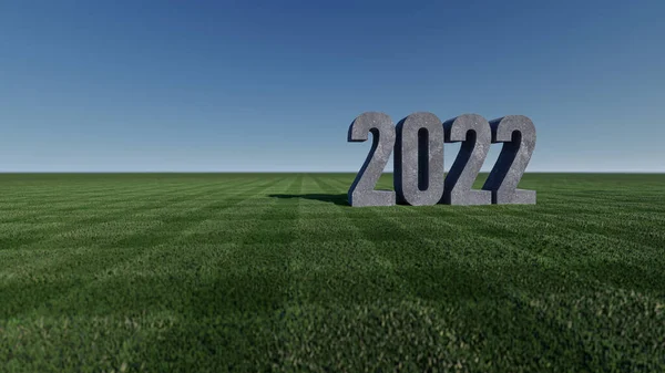 3D在草场 天空和背景模型上渲染2022年文本的图像 — 图库照片