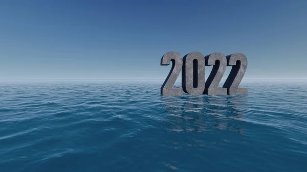 三维渲染2022年文本在水 天空和背景模型上的图像 — 图库照片