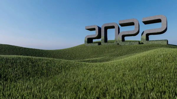 草の丘の上のテキスト2022の3Dレンダリング画像 新年祭 背景と空のモックアップ — ストック写真