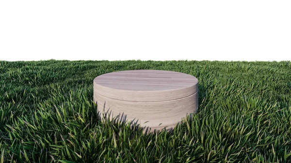 Rendering Image Wooden Product Display Place Green Grasses Filed — Stock Photo, Image