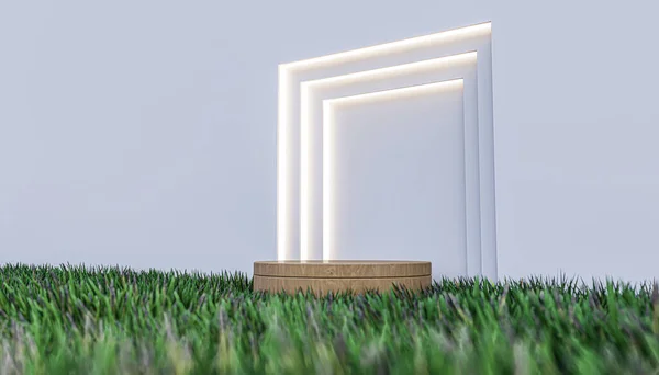 Rendering Image Product Display Green Grass Which Have White Wall — Foto Stock