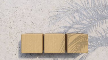 A 3d rendering image of wooden product stand on the concrete wall.  Palm leave shadow on the wall.