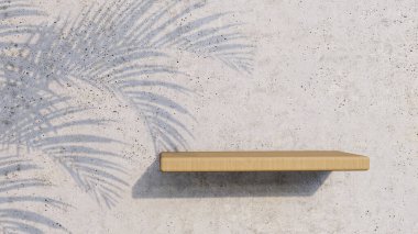 A 3d rendering image of wooden product stand on the concrete wall.  Palm leave shadow on the wall.