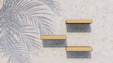 A 3d rendering image of wooden product stand on the concrete wall.  Palm leave shadow on the wall.