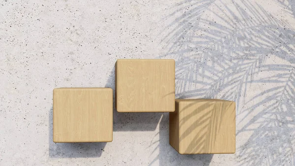 A 3d rendering image of wooden product stand on the concrete wall.  Palm leave shadow on the wall.