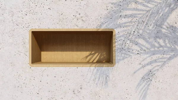 A 3d rendering image of wooden product stand on the concrete wall.  Palm leave shadow on the wall.