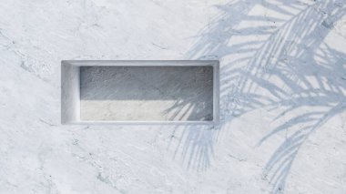 A 3d rendering image of white marble product display on white marble wall.