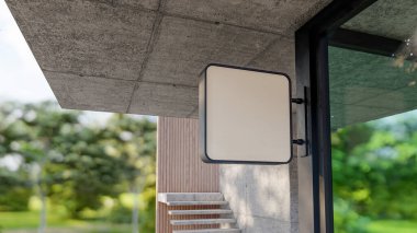 A 3d rendering image of sign on the concrete wall and wooden wall