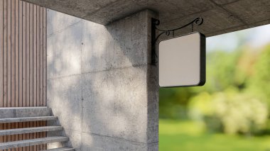 A 3d rendering image of sign on the concrete wall and wooden wall