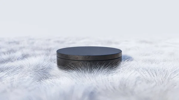 Rendering Image Black Marble Product Display White Fur — Photo