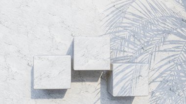 A 3d rendering image of white marble product display on white marble wall.
