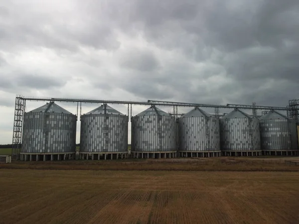 Grain elevator. Metal grain elevator in agricultural zone. Agriculture storage for harvest. Grain elevators on green nature background. Exterior of agricultural factory