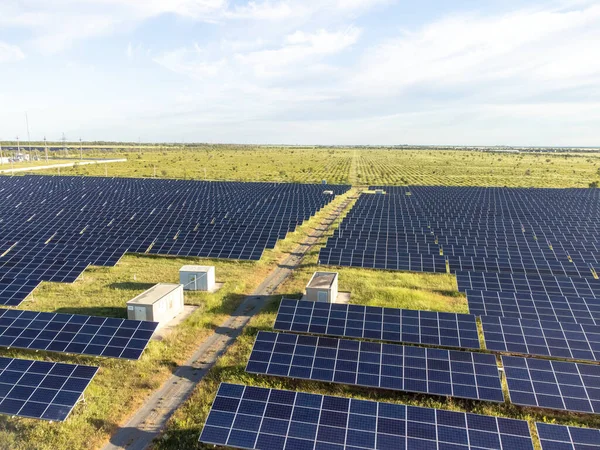 Aerial top view of a solar panels power plant. Photovoltaic solar panels at sunrise and sunset in countryside from above. Modern technology, climate care, earth saving, renewable energy concept