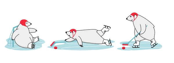 Treinamento de hóquei no gelo de urso polar. Engraçado desenho animado inverno esporte mascote — Vetor de Stock
