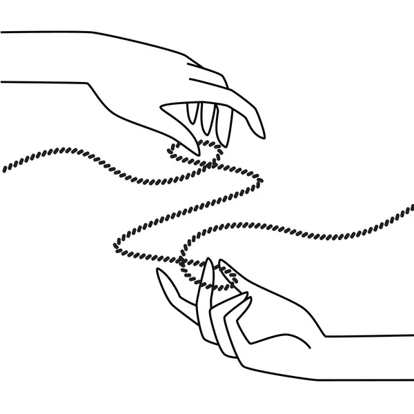 Manos sosteniendo bucles de hilo de cuerda ilustración lineal — Vector de stock