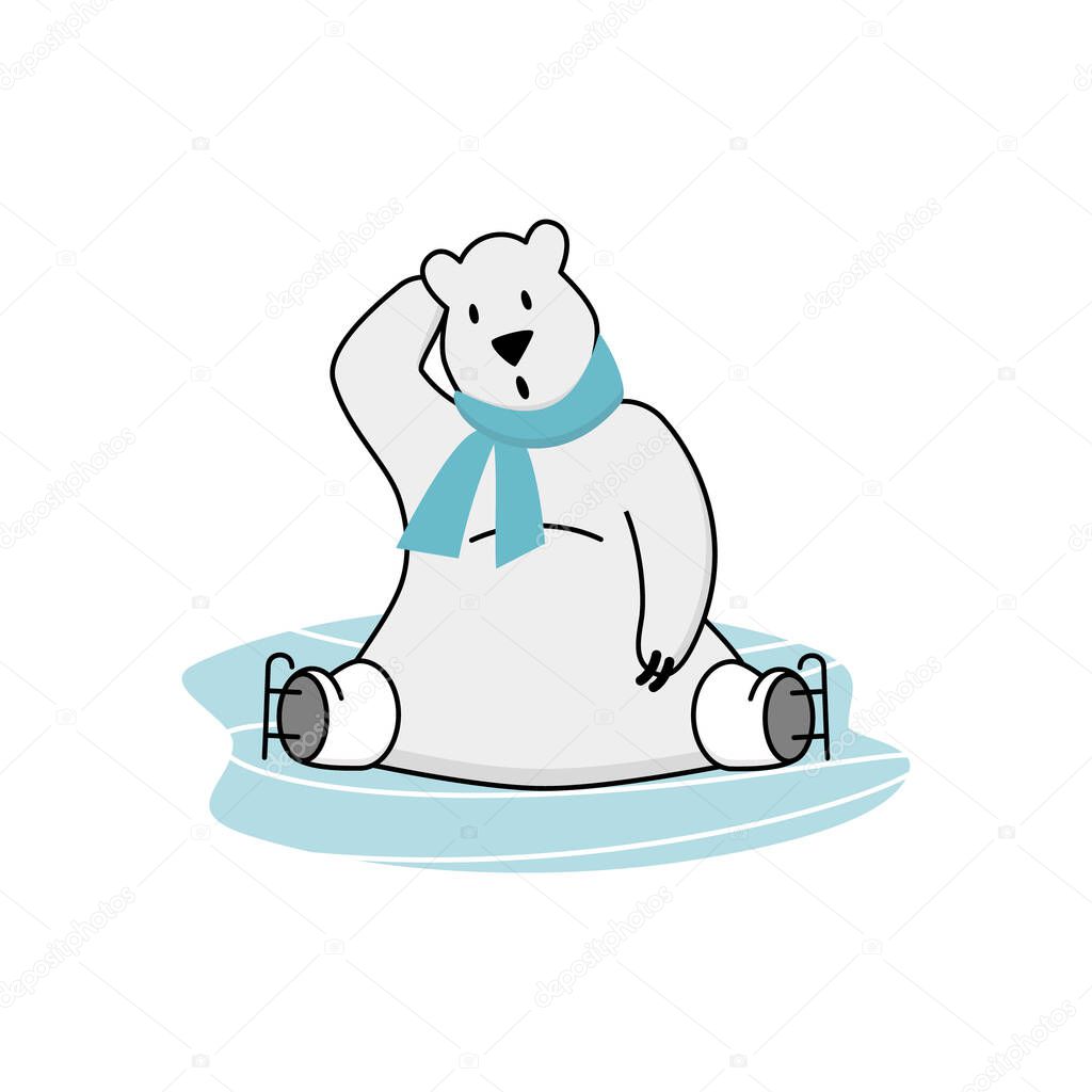 Funny polar bear learning to skate. Character sitting on ice scratches his head in surprise