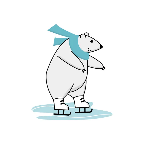 Entrenamiento de patinaje sobre hielo oso polar. Divertida mascota del deporte de invierno de dibujos animados — Vector de stock