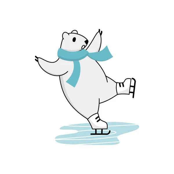 Entrenamiento de patinaje sobre hielo oso polar. Divertida mascota de invierno de dibujos animados — Vector de stock