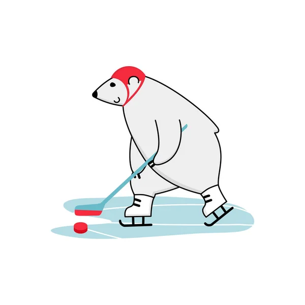 Entrenamiento de hockey sobre hielo oso polar. Divertida mascota del deporte de invierno de dibujos animados — Archivo Imágenes Vectoriales