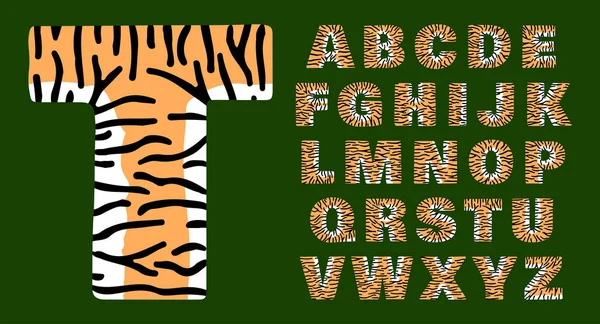 Тигриный алфавит из жирных букв белый и оранжевый с черными полосками — стоковый вектор