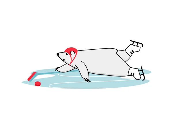 Latihan hoki es beruang kutub. Maskot olahraga musim dingin kartun lucu - Stok Vektor