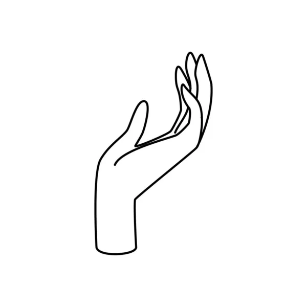 Lijn hand vector illustratie met ontspannen palm, vingers en duim in elegante uitdrukkingen. Zorg en ondersteuning metafoor. — Stockvector