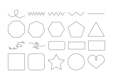 Set of twisted curled line polygons, wavy lines, circles, star, looped wavy yarn and heart shape
