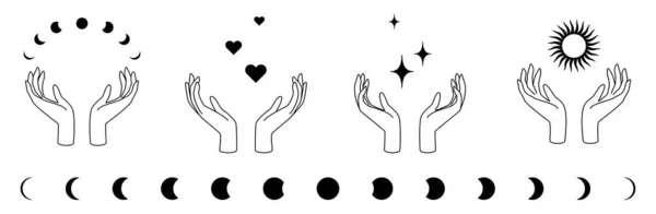 Feminine hands with moons, stars, hearts and sun as symbol of beauty, care, magic, meditation, charity, faith, hope. — Stock Vector