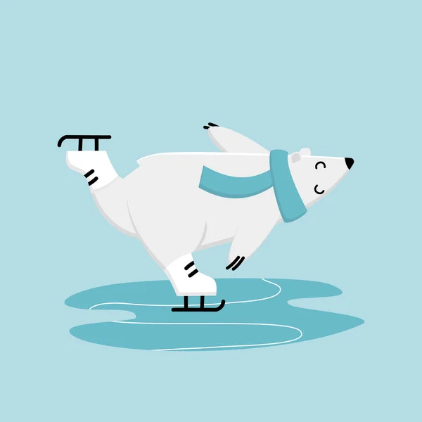 Treinamento de patinação no gelo de urso polar. Mascote de inverno engraçado desenhos animados — Vetor de Stock