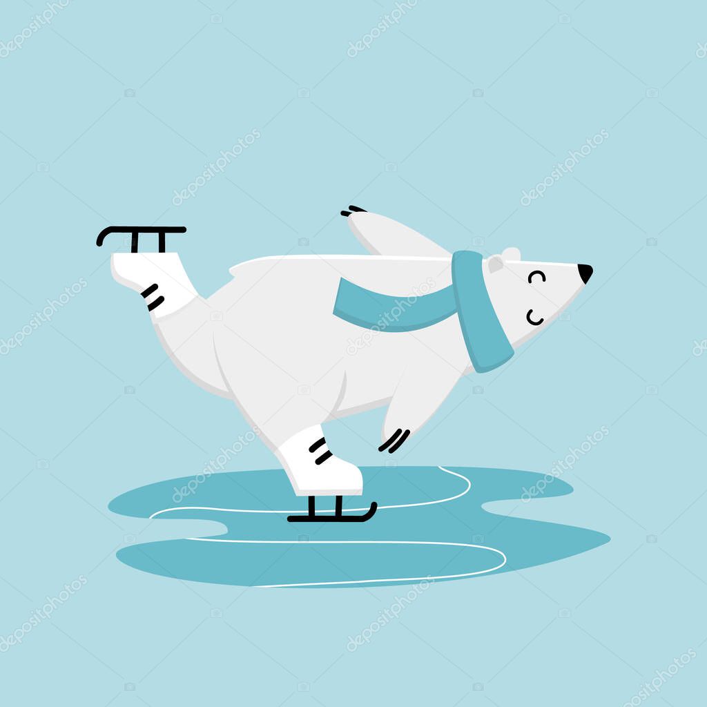 Funny polar bear learning to skate. Character glides on one leg figure skating