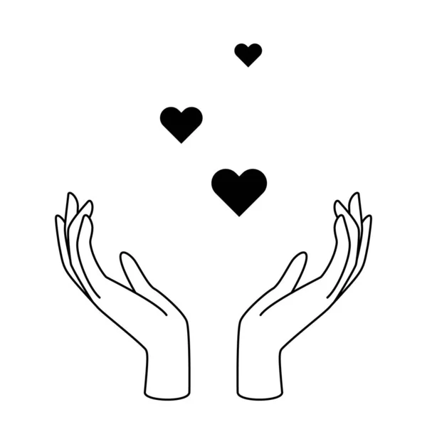 Mãos femininas com corações como símbolo de amor, beleza, cuidado, magia, meditação, caridade, fé, esperança. — Vetor de Stock