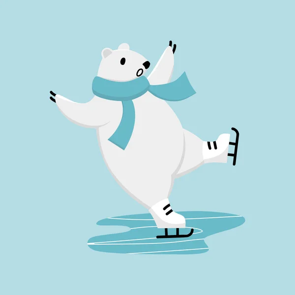 Treinamento de patinação no gelo de urso polar. Mascote de inverno engraçado desenhos animados — Vetor de Stock