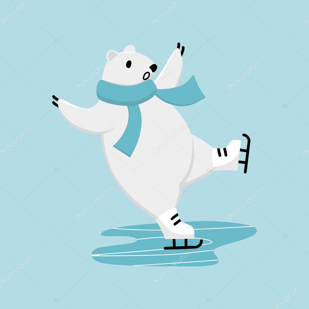 Funny polar bear learning to skate. Character balances on one leg and may fall