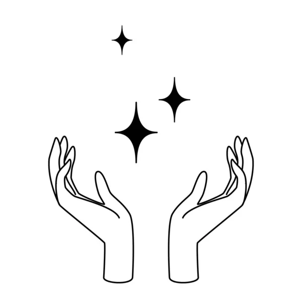 Mãos femininas com estrelas como símbolo de beleza, cuidado, magia, meditação, caridade, fé, esperança. — Vetor de Stock