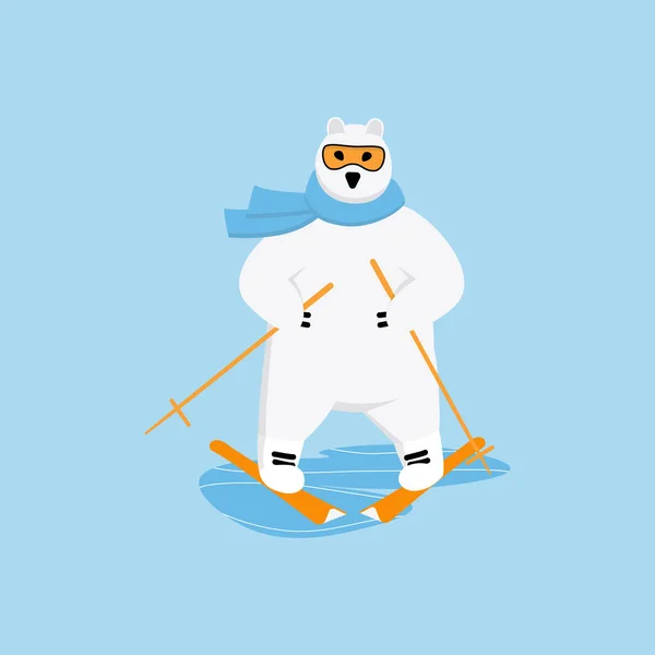 Білий ведмідь катається на гірських лижах через спуск. Екстремальна концепція зимового спорту . — стоковий вектор