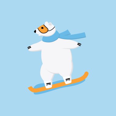 Kutup ayısı yokuş aşağı snowboard yapıyor. Aşırı kış sporları konsepti.