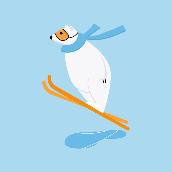 Entrenamiento de salto de esquí oso polar. Divertida mascota del deporte de invierno de dibujos animados — Vector de stock