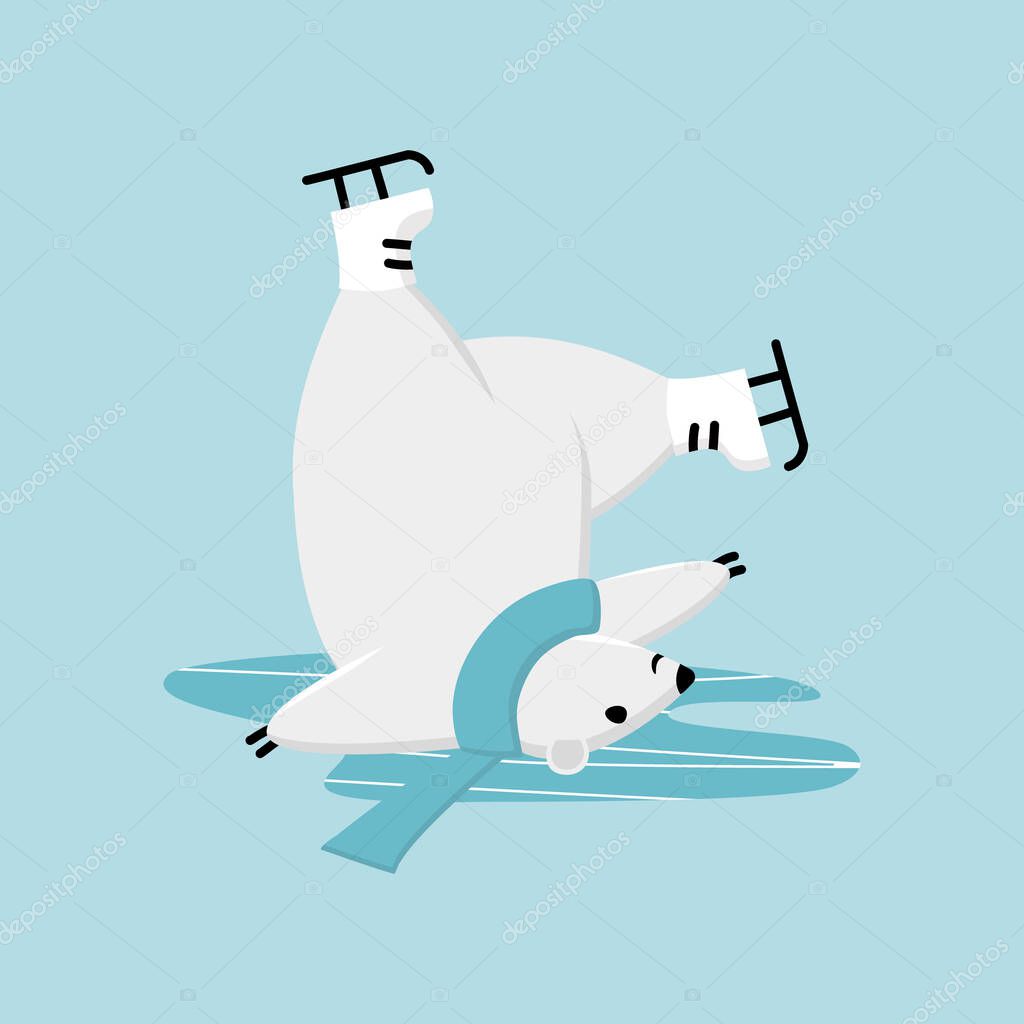 Polar bear ice skating training. Funny cartoon winter sport mascot