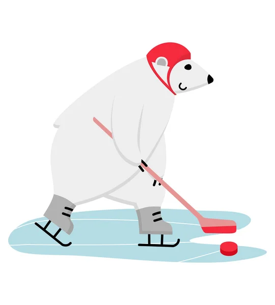 Jugador de hockey sobre hielo oso polar. Divertido patinaje de mascotas con palo y disco en ataque. — Vector de stock