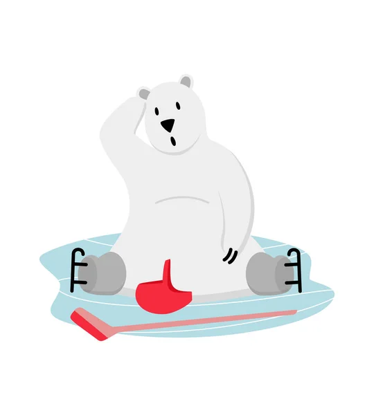 Entrenamiento de hockey sobre hielo oso polar. Divertida mascota del deporte de invierno de dibujos animados — Vector de stock