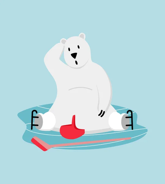 Πολική αρκούδα παίκτης χόκεϊ επί πάγου. Αστείο πατινάζ μασκότ έπεσε ραβδί και κράνος του. — Διανυσματικό Αρχείο