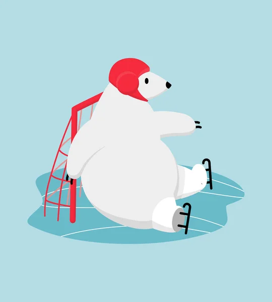 Entrenamiento de hockey sobre hielo. Portero oso polar protege objetivo de ataque. — Vector de stock